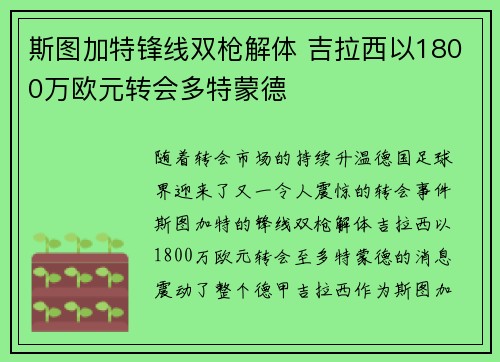 斯图加特锋线双枪解体 吉拉西以1800万欧元转会多特蒙德 斯图加特锋线双枪解体 吉拉西以1800万欧元转会多特蒙德