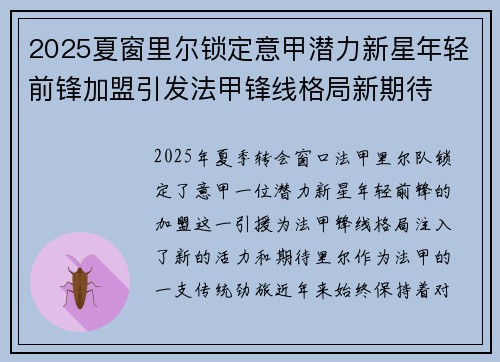 2025夏窗里尔锁定意甲潜力新星年轻前锋加盟引发法甲锋线格局新期待 2025夏窗里尔锁定意甲潜力新星年轻前锋加盟引发法甲锋线格局新期待
